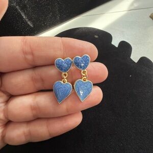 Blue Heart Drop Earrings - Gold Trim